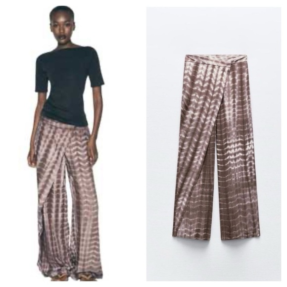 Zara Brown Patterned Wide-Leg Pants NWT size M - Picture 1 of 14